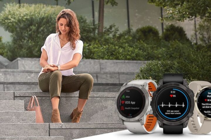 Woman sits on steps looking at a wrist watch, overlaid with three Garmin watches showing screens from the ECG feature