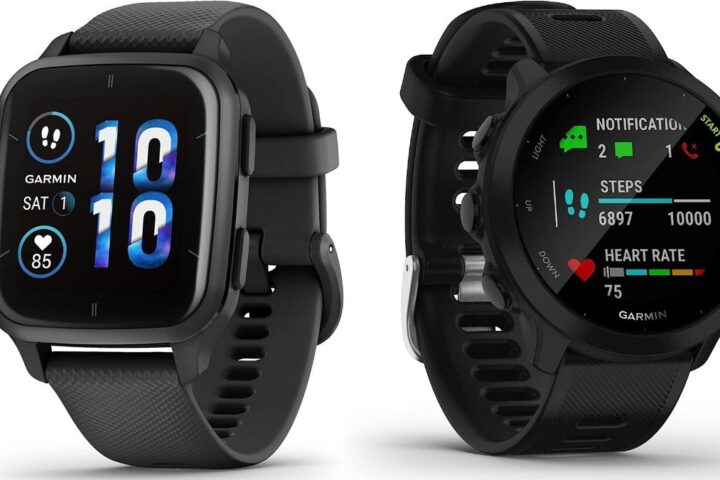 Garmin Venu Sq 2 Music next to Garmin Forerunner 55