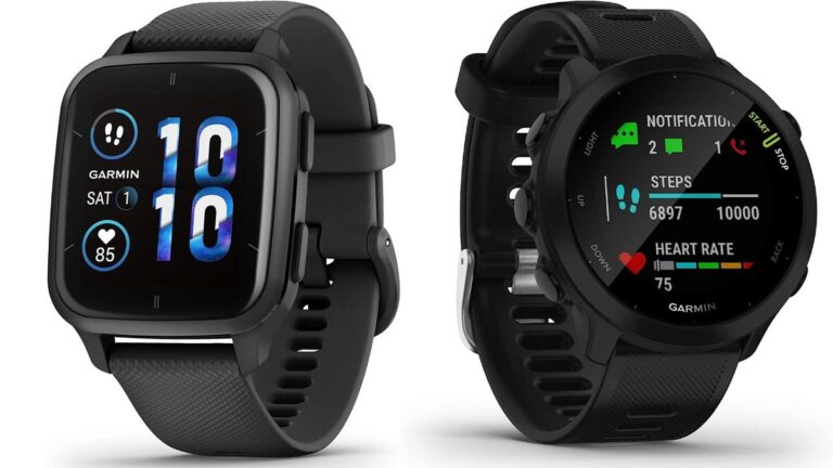 Garmin Venu Sq 2 Music next to Garmin Forerunner 55