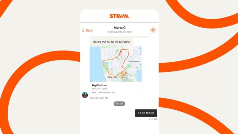 Screenshot of messaging in Strava app, including map with route overlaid in red. Along with assorted details, the messages read:"Here&rsquo;s the route for Sunday!" and "I