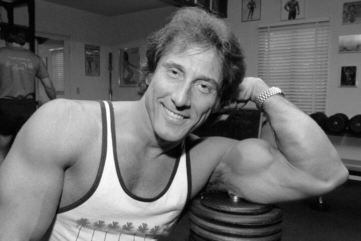 Bodybuilder and fitness expert Frank Zane, a three-time Mr. Olympia inside his health club, April 27, 1984 in Palm Springs, California